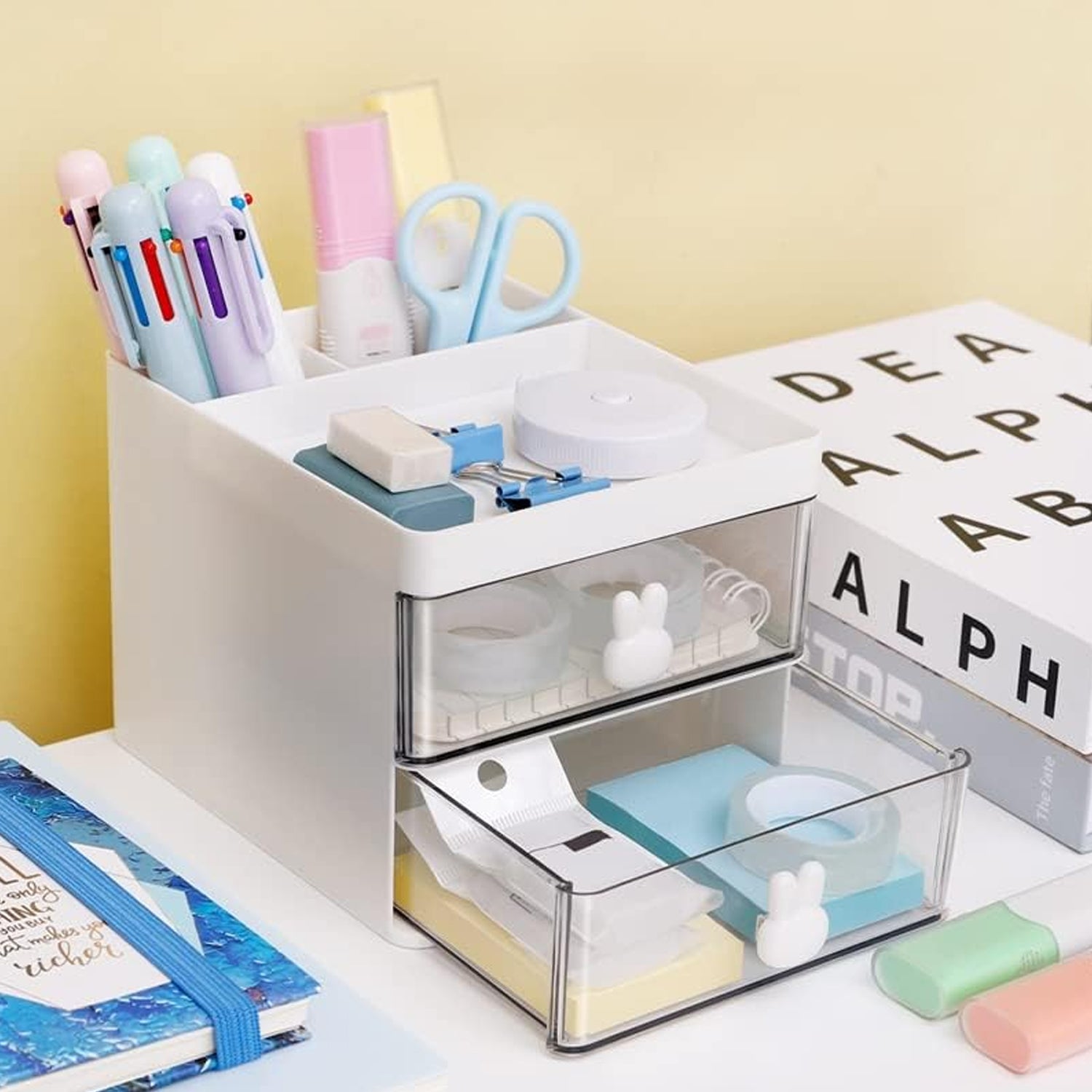 2 Layer 5 Compartment Desk Organizer with Transparent Drawer (1 Pc / 15×13×11 Cm) 2 Layer 5 Compartment Desk Organizer with Transparent Drawer (1 Pc / 15×13×11 Cm)